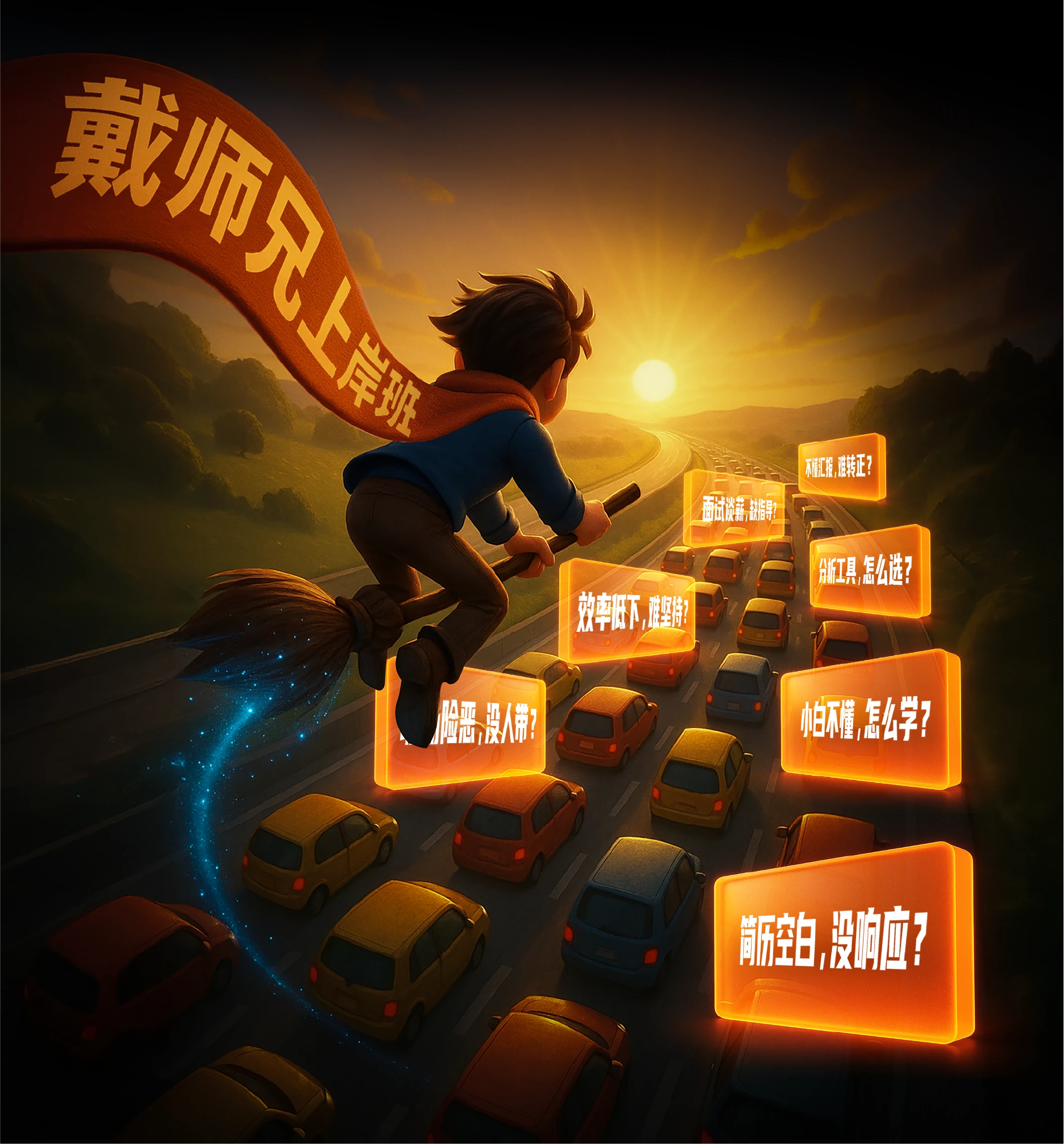 求职者骑着扫帚穿过拥堵车流，前往数据分析上岸班